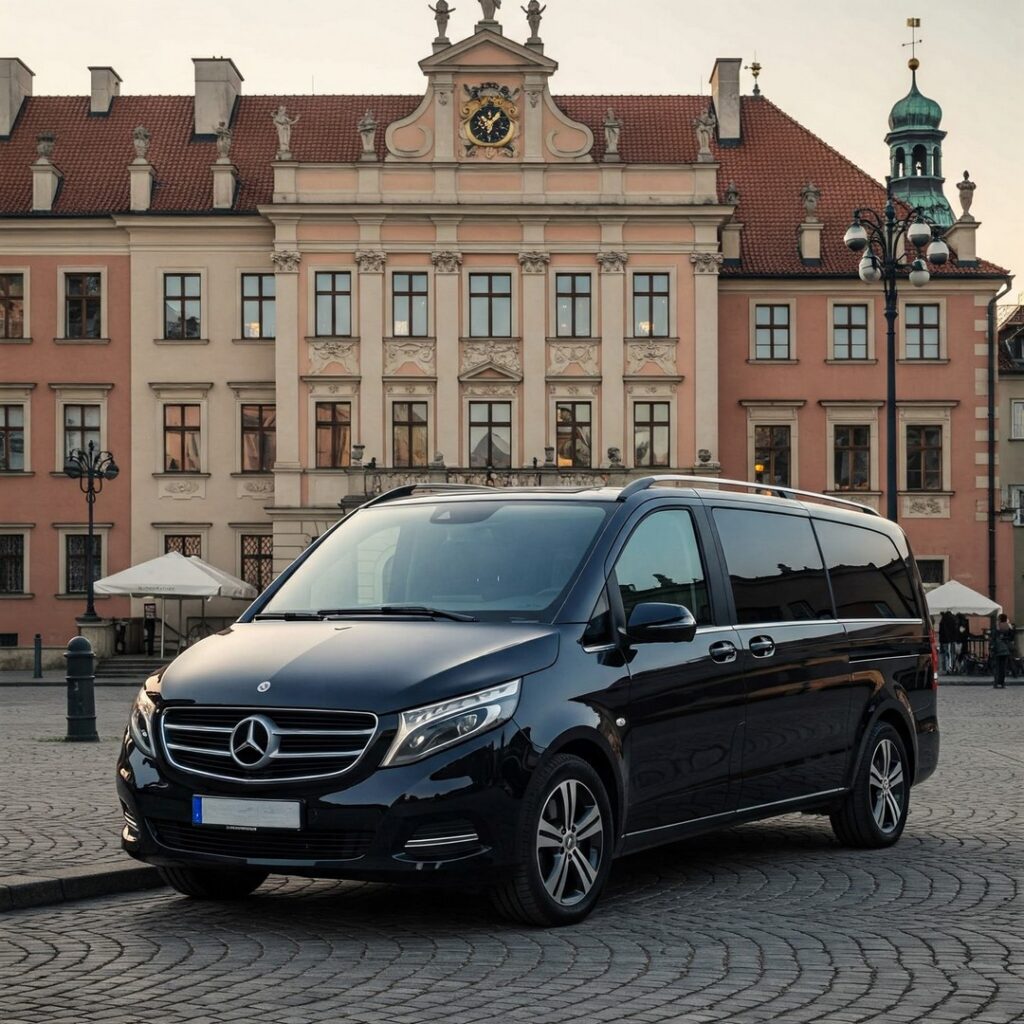 Czarny Mercedes-Benz V-Class, luksusowy bus do przewozu osób, zaparkowany na brukowanym Rynku Starego Miasta w Warszawie, z zabytkową kamienicą w tle. Symbolizuje obsługę VIP w historycznej scenerii.
