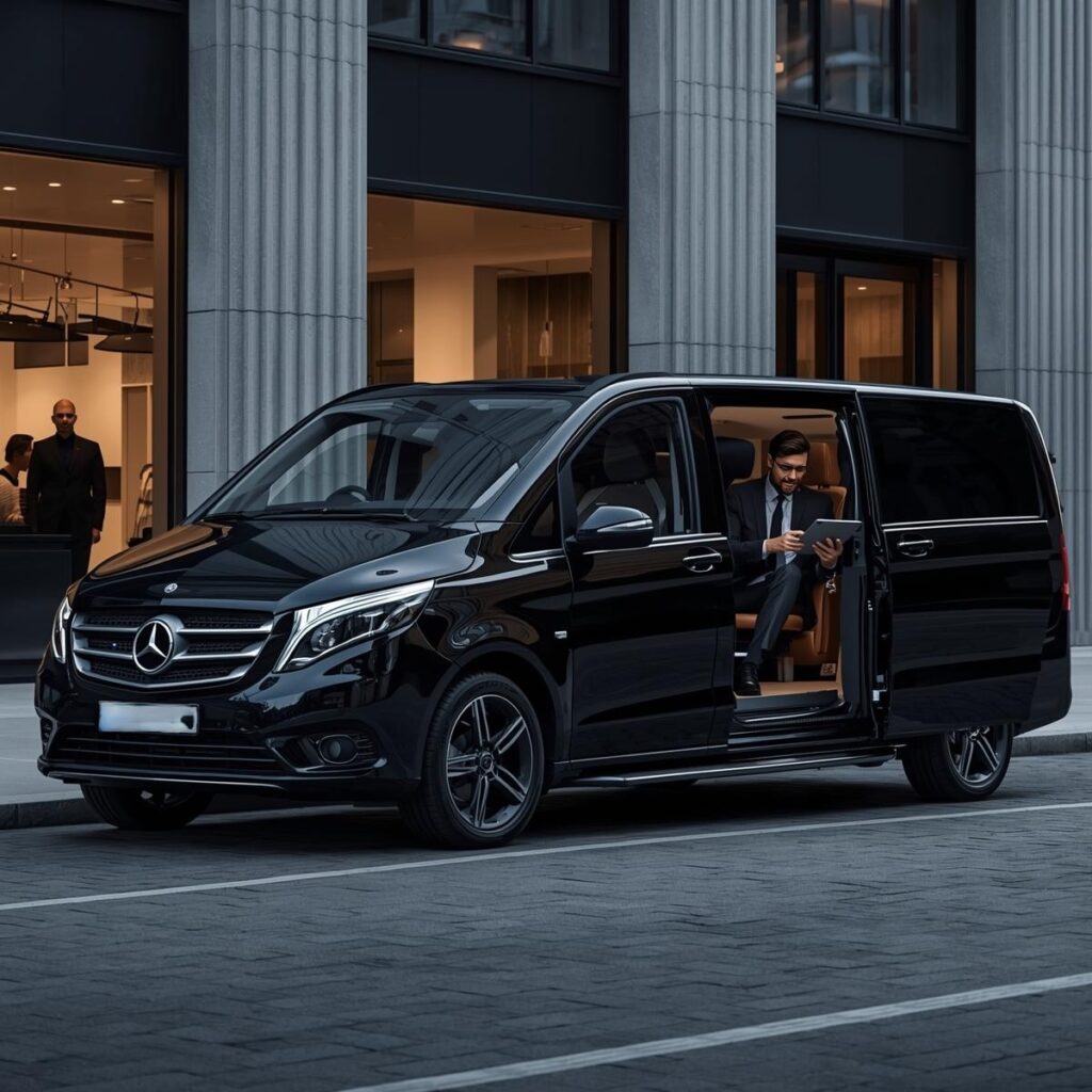 Luksusowy przewóz osób VIP w Warszawie - czarny Mercedes-Benz V-Class z otwartymi drzwiami, w którym elegancko ubrany biznesmen pracuje na tablecie, zaparkowany przed nowoczesnym budynkiem biurowym.