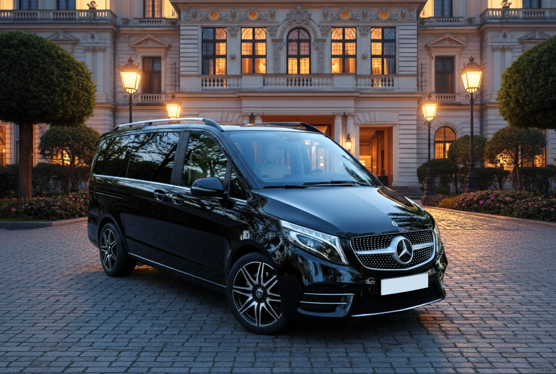 Czarny Mercedes-Benz V-Class zaparkowany na brukowanym podjeździe przed okazałym, oświetlonym budynkiem luksusowego hotelu, otoczonego zielonymi krzewami i lampami. Widoczna pusta biała tablica rejestracyjna. Zdjęcie przedstawia luksusowy transport oferowany przez BusVIP Travel.