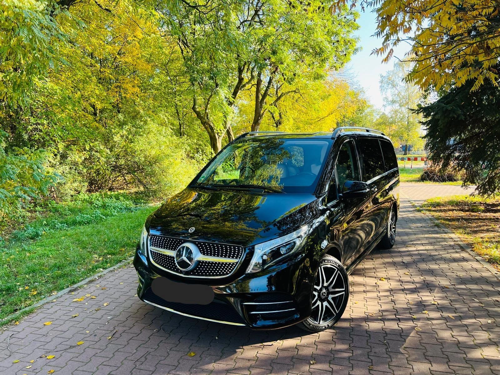 Czarny Mercedes klasy V zaparkowany w otoczeniu zieleni